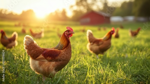 Free-range chickens moving across green meadows at golden sunrise on a peaceful countryside farm. Organic lifestyle, sustainable farming, and ethical animal care in nature. Rural eco-friendly farm.