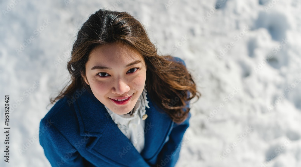 A woman in a blue outfit smiles and waves against a snowy background, radiating positivity and winter energy. A woman in a blue outfit smiles and waves against a snowy background, radiating positivity and winter energy.