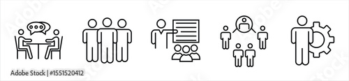 Teamwork, Communication, and Human Resource Icons Set – Outline Style