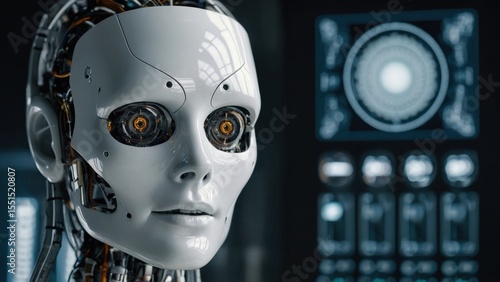 Cyborg Head with Visible Wiring and Technology Display in Background