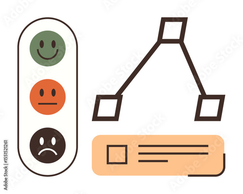 Vertical traffic-light rating with emoticons for feedback, linked diagram representing relationships, and text block. Ideal for feedback, communication, decision making, evaluation, UX, psychology
