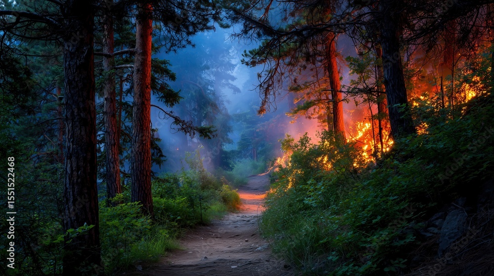 Fototapeta premium Forest path surrounded by wildfire; dangerous and beautiful scene of nature power