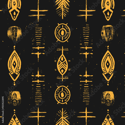This seamless design illustration presents a modern African pattern with hand-drawn tribal diamond ethnic drawings, ideal for fashion textiles and ready to be printed