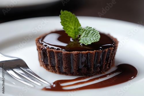  Plated dessert served on white background, glossy chocolate tart with mint garnish and sauce lines, fork beside adds refined minimalist elegance