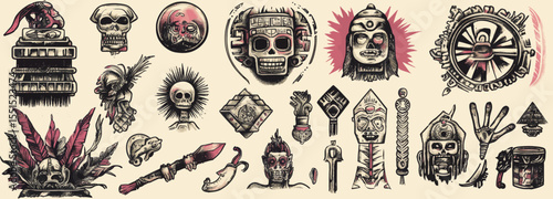 In a vintage traditional tattooing style, the ancient Maya Civilization is celebrated through an old school tattoo collection that highlights the cultural heritage of the Maya, Aztecs, and Incas,