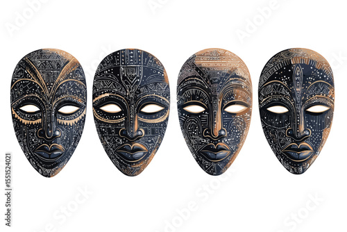 Masking ethnic culture in Africa is represented through illustrations of African masks, including modern facial masques and a set of tribal masks isolated on a white background, used in traditional