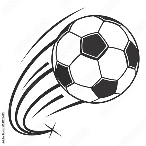 Vector art of black and white illustration of a soccer ball in motion with motion lines and a star, isolated on white background