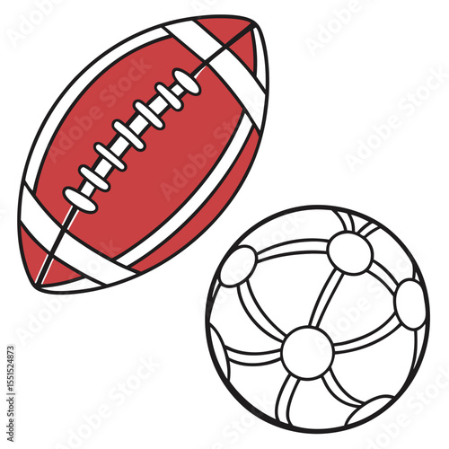 Vector art of american football and soccer ball isolated on white background, representing sports and games