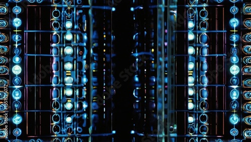 Complex arrangement of illuminated components creating luminous grid on a dark background