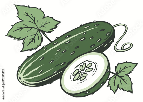 cucumber vegetable with leaf and slice healthy food nutrition diet vector illustration
