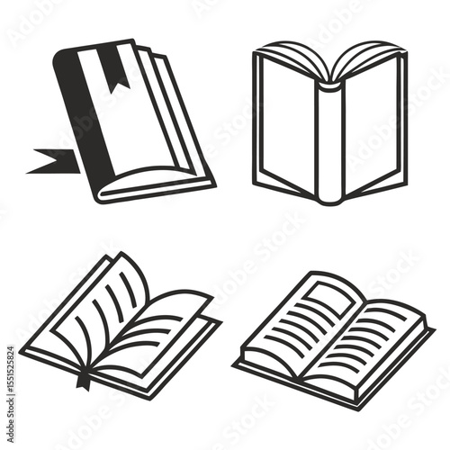 Vector art of collection of four open and closed books, representing reading, education, and knowledge, isolated on white background