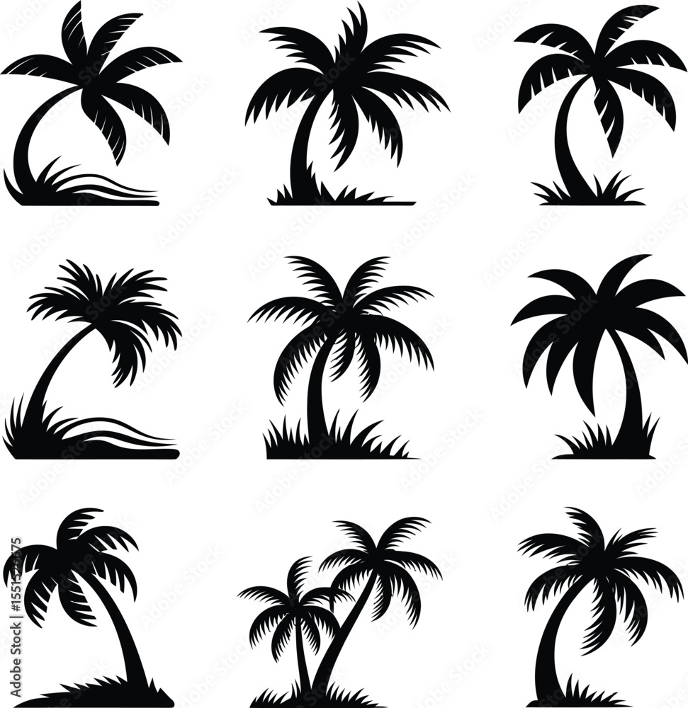 black palm tree silhouettes set, tropical palm tree collection with island and beach elements black palm tree silhouettes set, tropical palm tree collection with island and beach elements