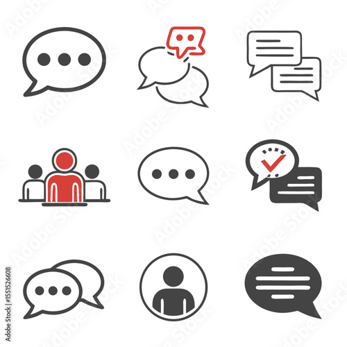 Vector art of collection of chat bubbles and communication icons, representing dialogue, messages, and social interaction, isolated on white background