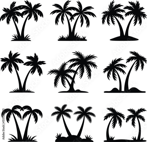 tropical coconut, palm tree silhouette set, vector illustration