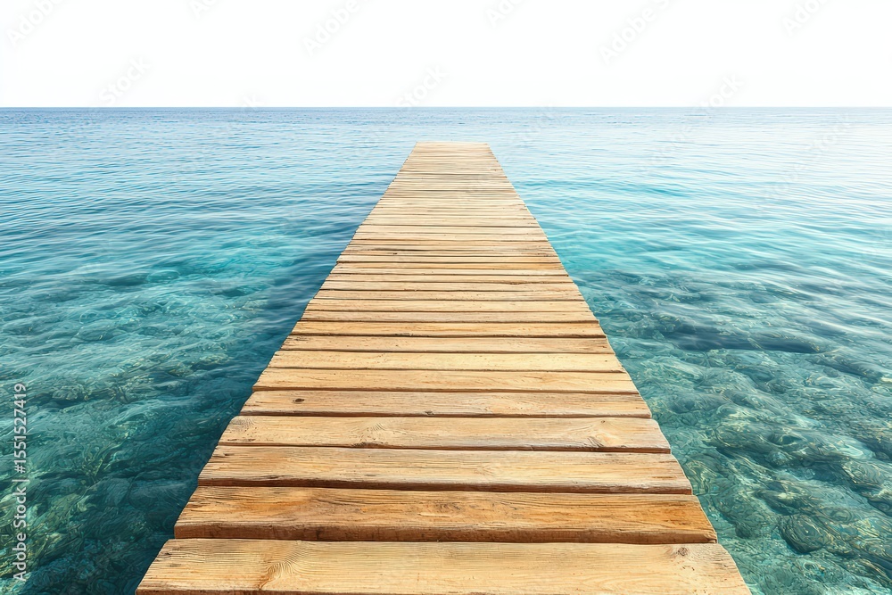 Summer sea with jetty on white background, symmetrical wooden pier leading over calm water, lone figure adds scale and balance, vivid perspective Summer sea with jetty on white background, symmetrical wooden pier leading over calm water, lone figure adds scale and balance, vivid perspective