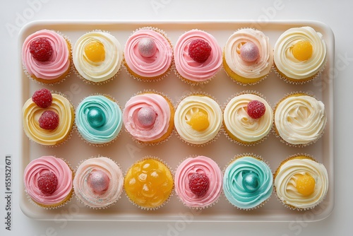  Summer-themed cupcakes on white background with pastel pink, yellow, and turquoise swirls, topped with edible glitter and fruit-candy, neatly set in white tray