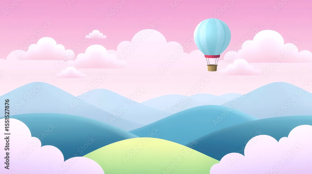 Obraz premium pastel blue hot air balloon floating above soft hills and pink clouds, dreamy fantasy travel scene in minimal flat style