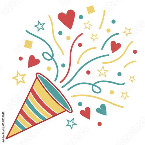 Vector art of colorful party popper exploding with confetti, streamers, hearts, and stars, isolated on white background