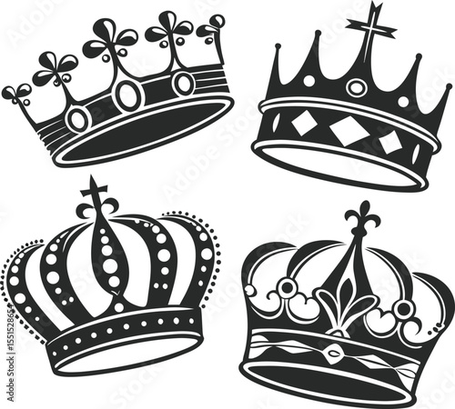 Vector art of collection of four ornate crowns, symbolizing royalty and power, isolated on a white background