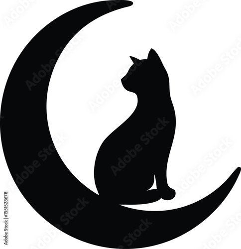 Elegant Black Cat Silhouette Perched Serenely on a Crescent Moon Night Sky Design