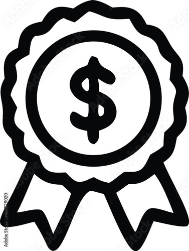 A black outline drawing of a rosette award ribbon featuring a prominent dollar sign at its center symbolizing financial achievement