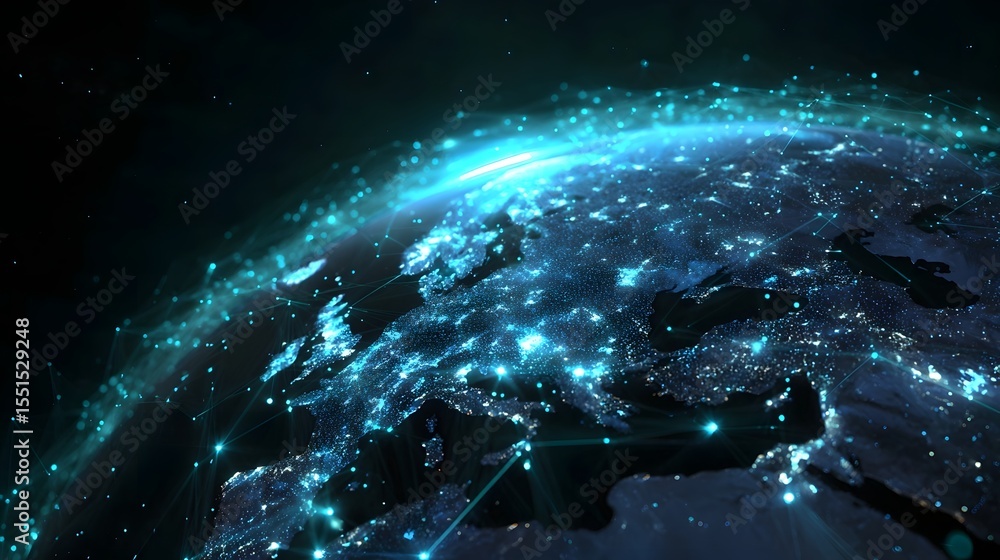 Fototapeta premium A futuristic visualization of a digital world map on a dark 3D globe with glowing cities and interconnected network points representing the global digital infrastructure and data connectivity