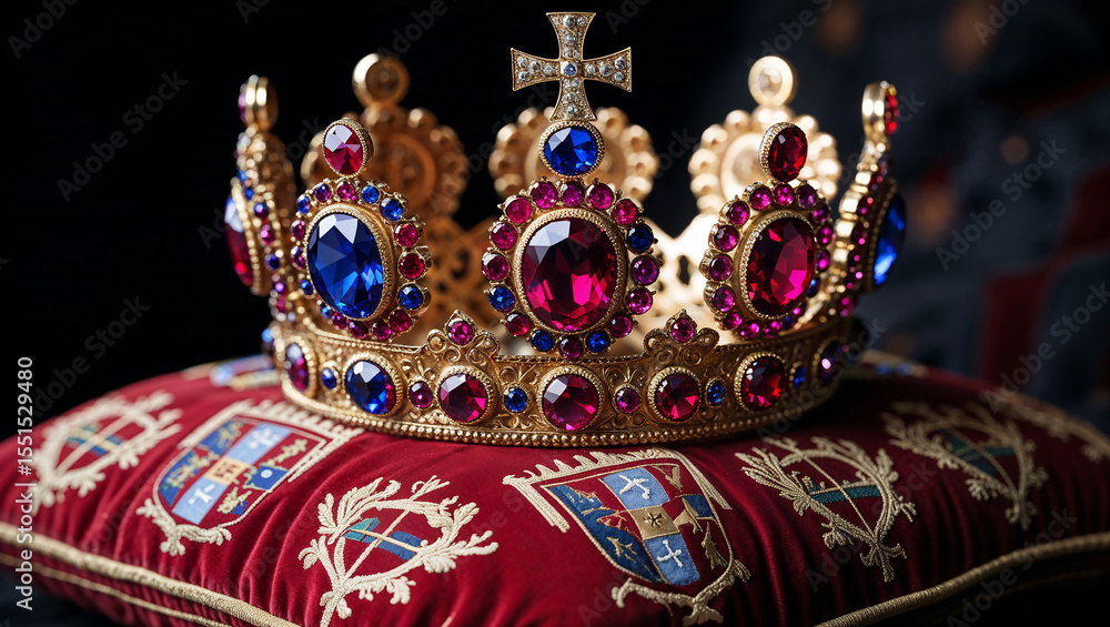 Fototapeta premium Golden crown with jewels resting on red velvet cushion symbolizing royalty
