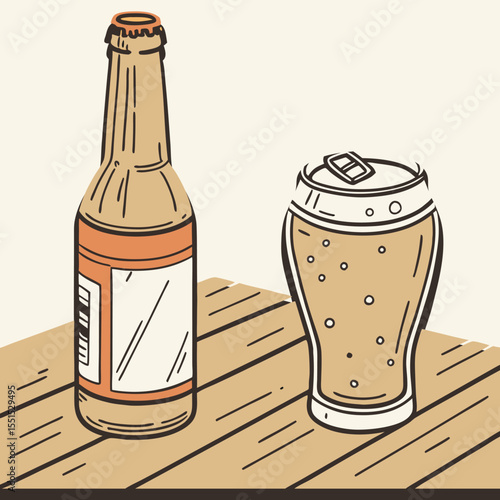 Vector art of a refreshing bottle of beer and a full glass of beer with foam and bubbles on a wooden table