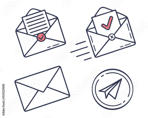 Vector art of set of email and message icons, including envelopes, letters, and a paper airplane, isolated on white background