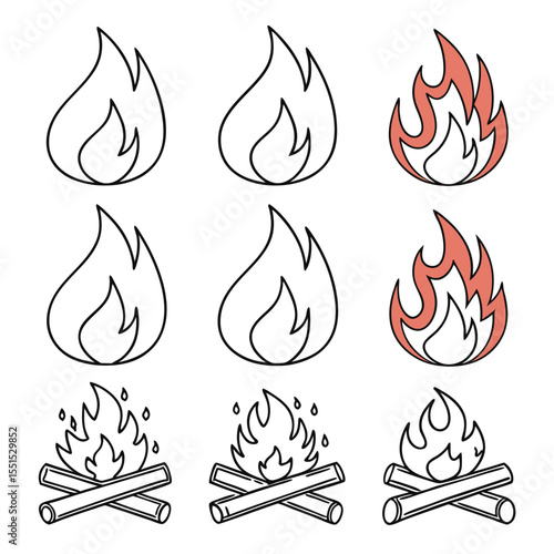 Vector art of collection of stylized flame and campfire icons in a grid, isolated on white background