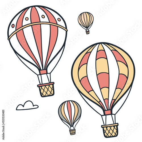 Vector art of colorful hot air balloons floating in the sky, isolated on a white background, symbolizing adventure and travel