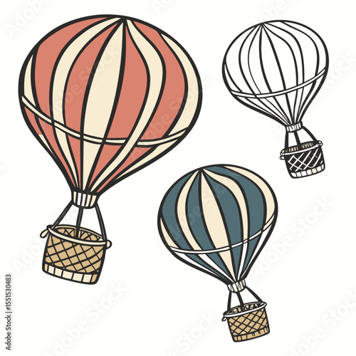 Vector art of three colorful hot air balloons isolated on white background, symbolizing adventure and travel