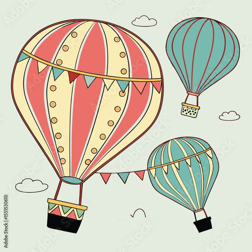 Vector art of three colorful hot air balloons floating in the sky with clouds and a string of pennant flags connecting two of them