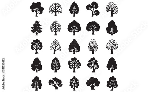 Silhouette Zhou Tree and Plum Tree Icon Set – Traditional Asian Botanical Vector in Minimal Style