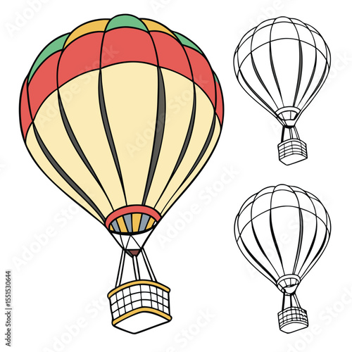 Vector art of colorful hot air balloon and outline versions isolated on white background, symbolizing adventure and travel