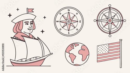Exploration and Discovery: a set of illustrated graphics featuring historical figure and navigation tools, symbolizing voyage, exploration, and discovery, with a focus on history and adventure. 