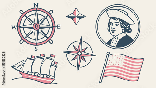 Maritime navigation and adventure themed set: A charming ensemble of nautical symbols, a vintage sailor, and an American flag. Featuring a compass, ship.