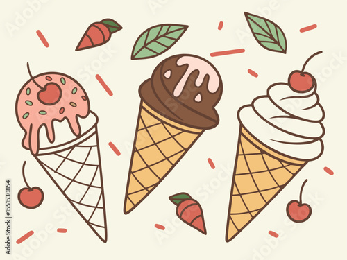 Vector art of three delicious ice cream cones with cherries and sprinkles, handdrawn illustration style, perfect for summer treats and desserts