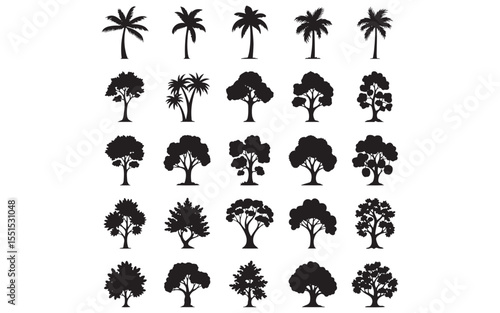 Silhouette Zhou Tree and Plum Tree Icon Set – Traditional Asian Botanical Vector in Minimal Style