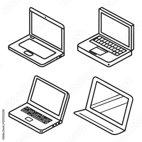 Vector art of collection of four isometric line art illustrations of laptops, isolated on white background