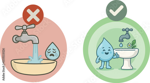 Save Water Concept – Comparing Wasteful vs. Conscious Usage with Cute Water Drop Characters