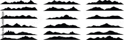 Mountain silhouette, Black rock, hill, and mountain silhouettes, Extreme hiking nature border, Large mountain silhouette pack