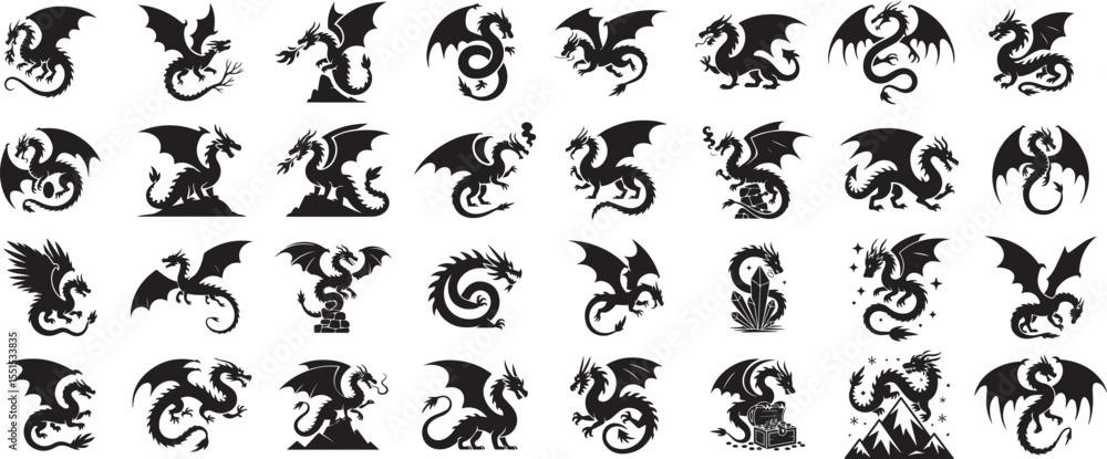 Fototapeta premium Big collection set of dragon with various poses black silhouette vector icon desgin collection