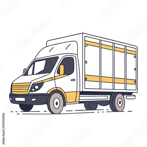 A stylized illustration of a modern delivery truck with a white cab and a cargo box featuring yellow accents and dark gray wheels on a white background