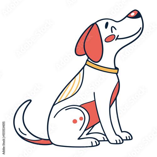 Cute cartoon dog with red ears and collar sitting patiently looking upwards with a happy expression and tail wagging