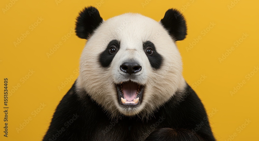 Fototapeta premium Panda's joyful expression against a bold yellow backdrop