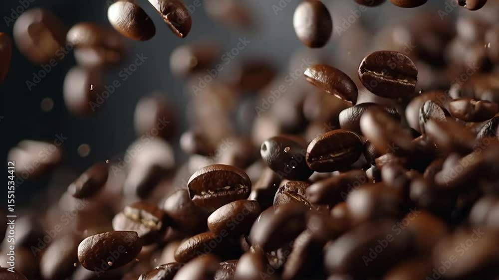 Close up shot of roasted coffee beans falling and floating in the air with a dark blurred background Close up shot of roasted coffee beans falling and floating in the air with a dark blurred background