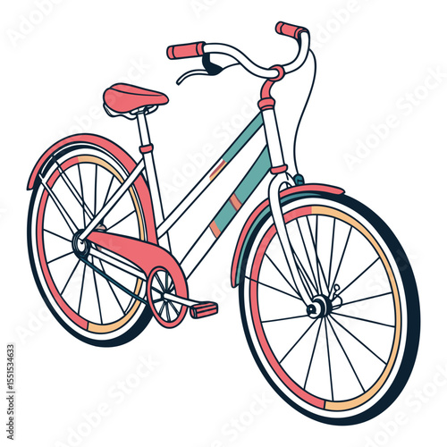A stylish vintage style bicycle with a coral pink seat and handlebars teal frame and colorful wheel accents on a white background