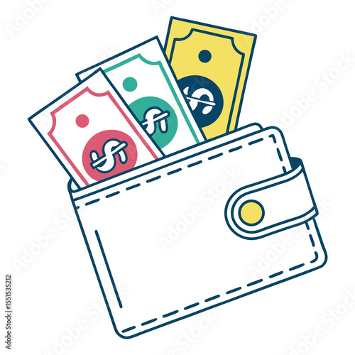 Stylized flat design illustration of a white wallet with colorful dollar bills peeking out from the top on a white background