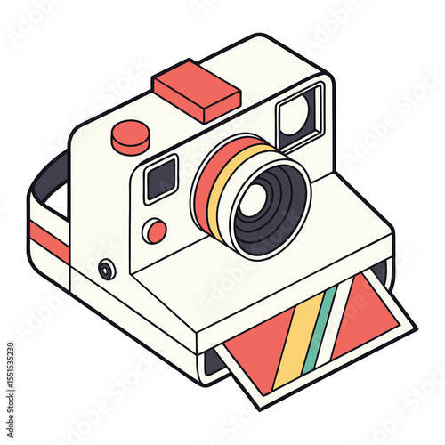 Retro instant camera with a colorful photo print emerging from the slot depicted in a clean isometric illustration style